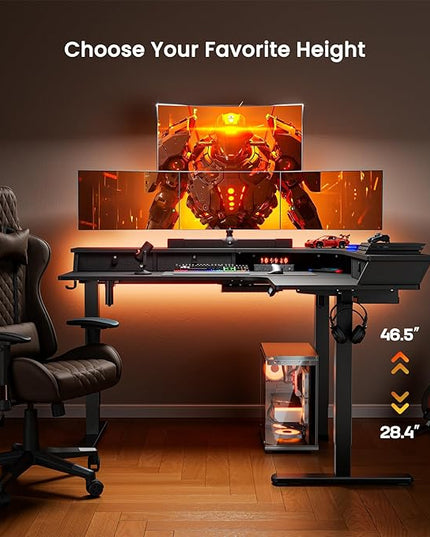 ErGear 65″ L Shaped Gaming Desk with 3 Drawers, Standing Desk Height Adjustable w/Monitor Shelf [C-Clamp Mount Compatible], Corner Stand up Desk w/Cable Management Trays for Home Office, Black - LeafyLoom