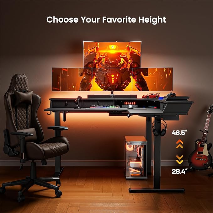 ErGear 65″ L Shaped Gaming Desk with 3 Drawers, Standing Desk Height Adjustable w/Monitor Shelf [C-Clamp Mount Compatible], Corner Stand up Desk w/Cable Management Trays for Home Office, Black - LeafyLoom