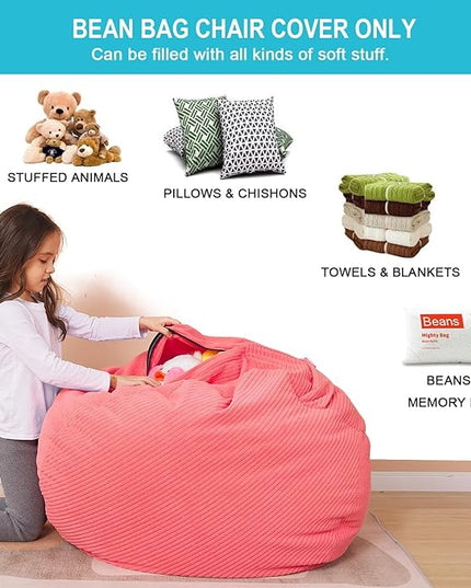 Stuffed Animal Storage Bean Bag Chair Cover for Kids, 38" Beanbag Chairs Cover Plush Toys Organizer Super Soft Corduroy with Handle and Zipper for Boys and Girls - Pink - LeafyLoom