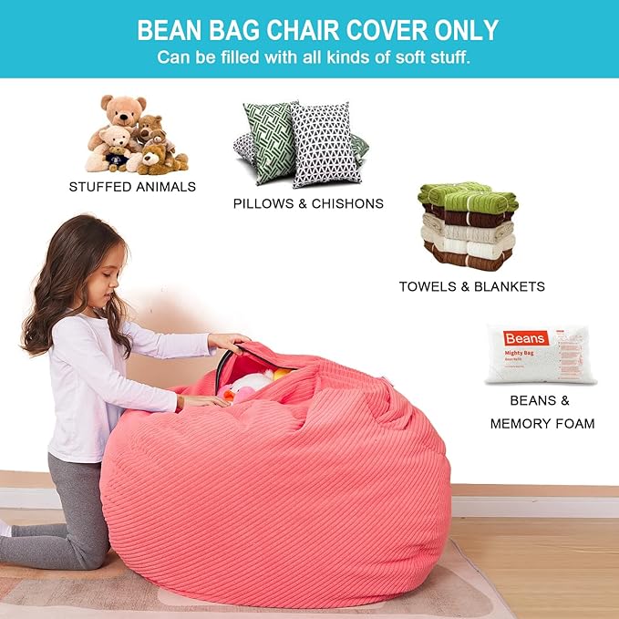 Stuffed Animal Storage Bean Bag Chair Cover for Kids, 38" Beanbag Chairs Cover Plush Toys Organizer Super Soft Corduroy with Handle and Zipper for Boys and Girls - Pink - LeafyLoom