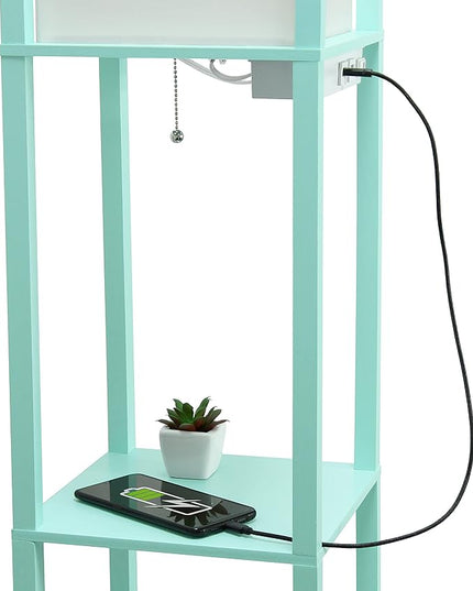 Simple Designs LF1037-AQU-LB Three Shelf Etagere Organizer Storage Floor Lamp with 2 Dual USB Ports and Charging Outlet, Aqua, with Feit LED Bulb Included - LeafyLoom