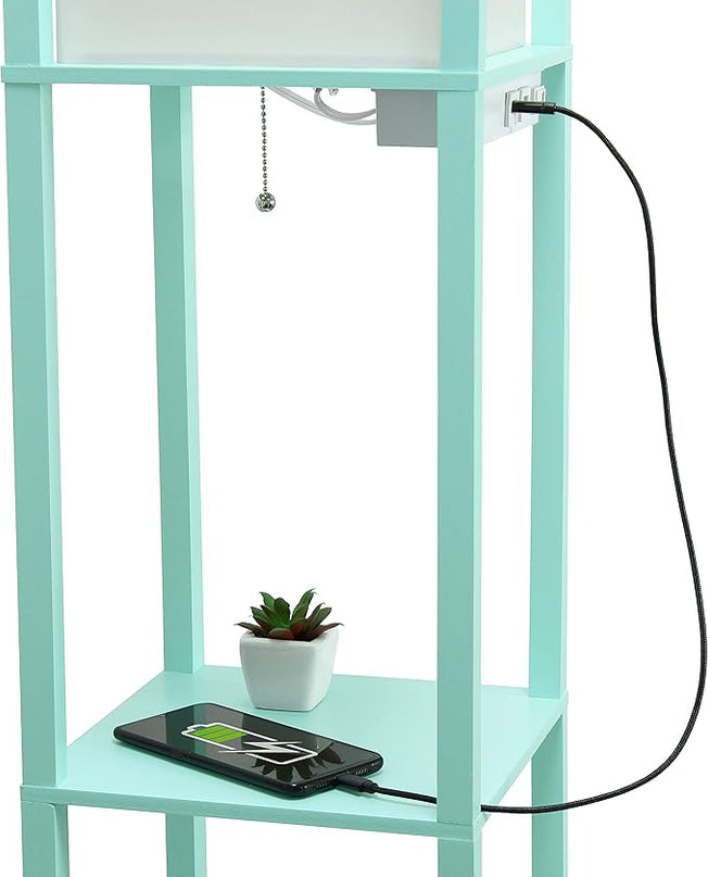 Simple Designs LF1037-AQU-LB Three Shelf Etagere Organizer Storage Floor Lamp with 2 Dual USB Ports and Charging Outlet, Aqua, with Feit LED Bulb Included - LeafyLoom