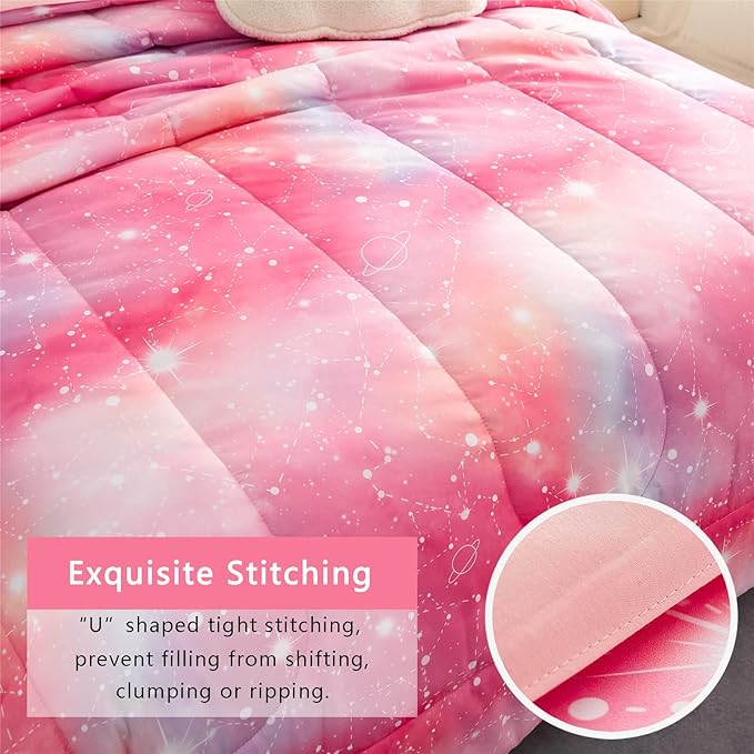 Pink Ombre Glitter Galaxy Comforter Set Twin Size for Girls, Sparkle Constellation Starry Sky Comforter for Kids Teen, 2 Piece Soft Microfiber Bedding Sets with 1 Pillow Case for All Season(Pink,Twin) - LeafyLoom