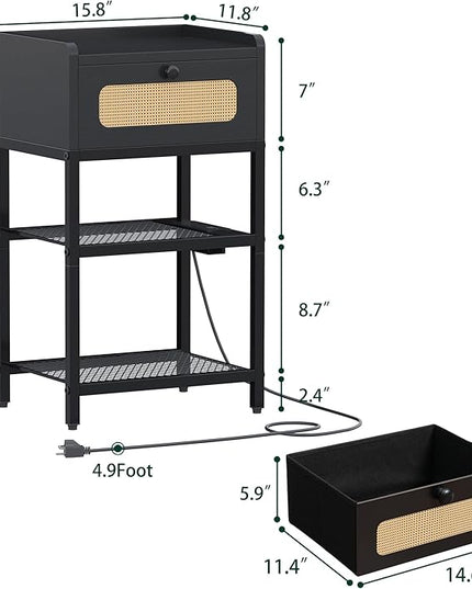 Night Stand, Side Table with Rattan Drawer, Nightstand with Charging Station, Industrial Bedside Table with 3-Tier Storage, Black JET003CB1 - LeafyLoom