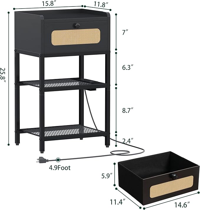 Night Stand, Side Table with Rattan Drawer, Nightstand with Charging Station, Industrial Bedside Table with 3-Tier Storage, Black JET003CB1 - LeafyLoom