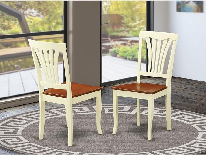 East West Furniture Avon Kitchen Dining Slat Back Solid Wood Seat Chairs, Set of 2, Buttermilk & Cherry - LeafyLoom