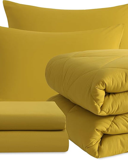 NTBAY Twin Comforter Set with Sheets, 5 Pieces Soft and Breathable Twin Bedding Set, Twin Bed in a Bag, Down Alternative Comforter Set Solid Color All Season, Kids Bedding Set, Yellow - LeafyLoom