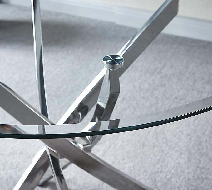 NicBex Dining Table Contemporary Kitchen Table Farmhouse Rustic Artisan Contemporary Round Clear Dining Tempered Glass Table with Chrome Legs Round Dining Table, Easy Assembly, Clear + Silver - LeafyLoom