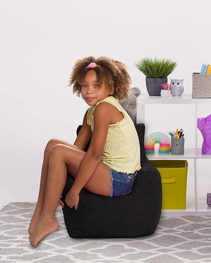 Posh Creations Structured Comfy Bean Bag Chair for Gaming, Reading, and Watching TV, Pasadena Chair, Rabbit Fur - Black - LeafyLoom