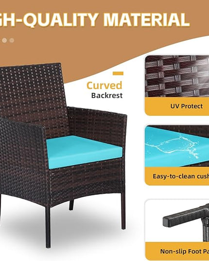 Patio Furniture Set 3 Pieces All-Weather Rattan Outdoor Furniture Patio Chairs with Tempered Glass Table for Porch Bistro Balcony Bistro Set(Brown/Blue) - LeafyLoom