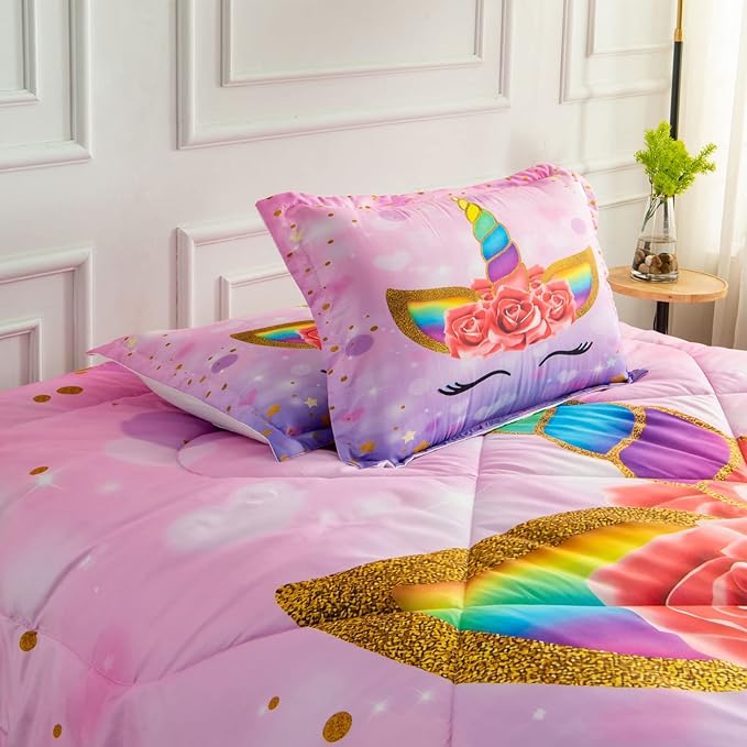 Unicorn Queen Bedding Sets for Girls Kids Comforter Set Queen Size with 2 Pillowcases Purple Unicorn Room Decor for Girls Bedroom Ultra Soft Machine Washable Toddler Bed Set - LeafyLoom