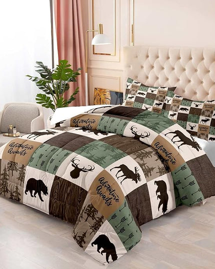 LUVIVIHOME 3PCS Rustic Lodge Comforter Set, Brown Sage Green King Size Comforter, Bear Deer Elk Moose Woodland Forest Animal Wildlife Country Farmhouse Cabin Bedding Patchwork Quilt, 2 Pillow Shams - LeafyLoom