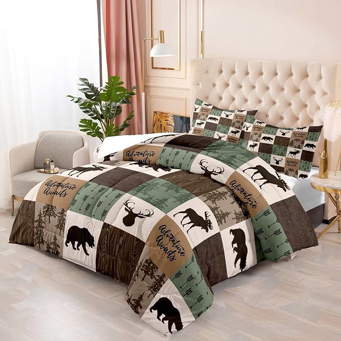 LUVIVIHOME 3PCS Rustic Lodge Comforter Set, Brown Sage Green King Size Comforter, Bear Deer Elk Moose Woodland Forest Animal Wildlife Country Farmhouse Cabin Bedding Patchwork Quilt, 2 Pillow Shams - LeafyLoom