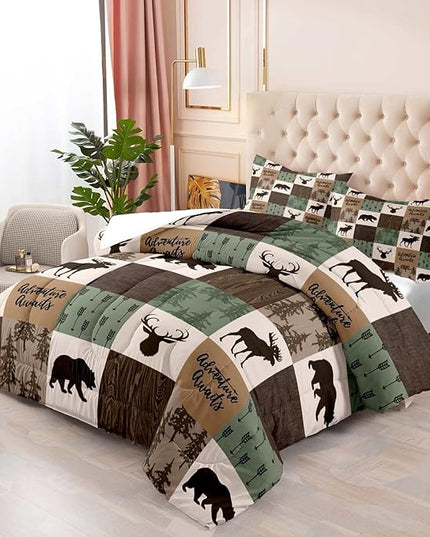 LUVIVIHOME 2PCS Rustic Cabin Comforter Set, Brown Sage Green Twin Comforter, Bear Deer Elk Moose Woodland Forest Animal Wildlife Country Farmhouse Lodge Bedding Sets Patchwork Quilt, 1 Pillow Sham - LeafyLoom