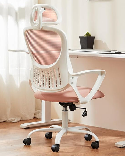 Sweetcrispy Office Computer Desk Chair, Ergonomic High-Back Mesh Rolling Work Chairs with Wheels and Adjustable Headrests, Comfortable Lumbar Support, Comfy Armrest for Home, Bedroom, Study, Pink - LeafyLoom