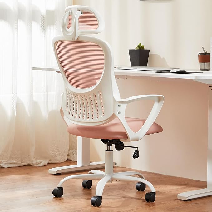 Sweetcrispy Office Computer Desk Chair, Ergonomic High-Back Mesh Rolling Work Chairs with Wheels and Adjustable Headrests, Comfortable Lumbar Support, Comfy Armrest for Home, Bedroom, Study, Pink - LeafyLoom