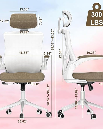 Ergonomic Office Chair, High Back Mesh Desk Chair with Thick Molded Foam Cushion, Coat Hanger, Adjustable Headrest, Lumbar Support, Tilt & Lock Function - Task Computer Chair (Brown) - LeafyLoom