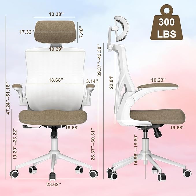 Ergonomic Office Chair, High Back Mesh Desk Chair with Thick Molded Foam Cushion, Coat Hanger, Adjustable Headrest, Lumbar Support, Tilt & Lock Function - Task Computer Chair (Brown) - LeafyLoom