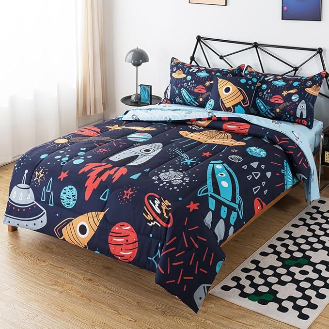 ADASMILE A & S Kids Space Comforter Set 6 Pieces Space Bedding Twin Size for Boys Space Ship Rocket Bedding Galaxy Bed in a Bag Comforter Twin Outer Space Bed Set with Blue Space Sheets Home Decor - LeafyLoom