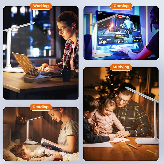 LED Desk Lamp Foldable, 5 Lighting Colors and 100%~15% Brightness Levels Office Lamp, Touch Control and USB Powered Reading Lamp, Eye-Caring Table Lamp for Read,Work,Study,Sew,Makeup,Manicurist - LeafyLoom