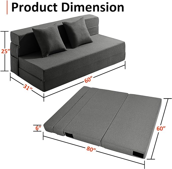 Queen Size Folding Sofa Bed - 4 in 1 Sleeper Chair with Two Pillows - High Density Memory Foam Futon Couch - Convertible Folding Bed with Washable Modern Linen Cover for Apartment (Dark Grey) - LeafyLoom