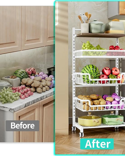 HapiRm Fruit Basket Vegetable Basket - 5 Tier Adjustable Kitchen Storage Cart, Wooden Top Table Fruit and Vegetable Car Snack Cart with Wheels, Metal Mesh and Wire Storage Basket for Onions Potatoes - LeafyLoom