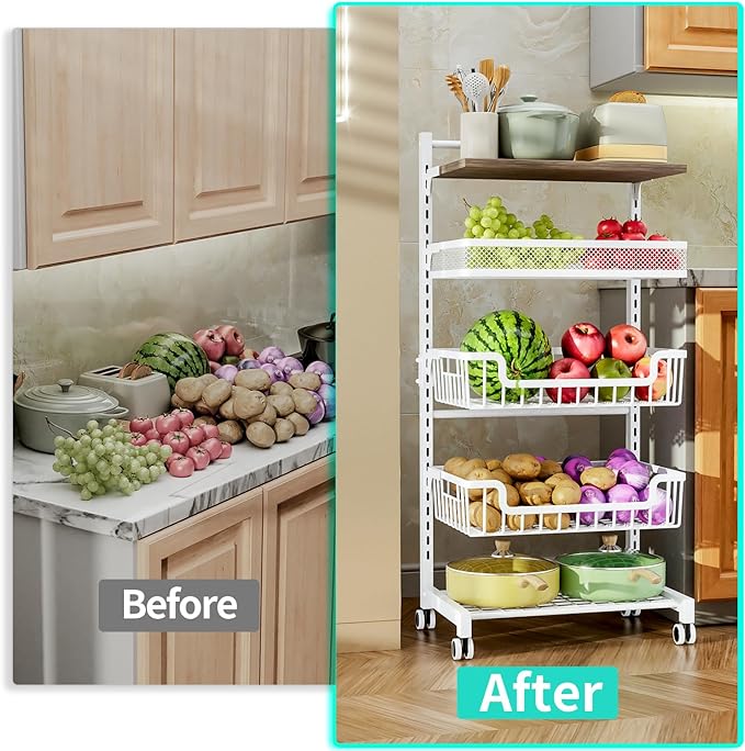 HapiRm Fruit Basket Vegetable Basket - 5 Tier Adjustable Kitchen Storage Cart, Wooden Top Table Fruit and Vegetable Car Snack Cart with Wheels, Metal Mesh and Wire Storage Basket for Onions Potatoes - LeafyLoom