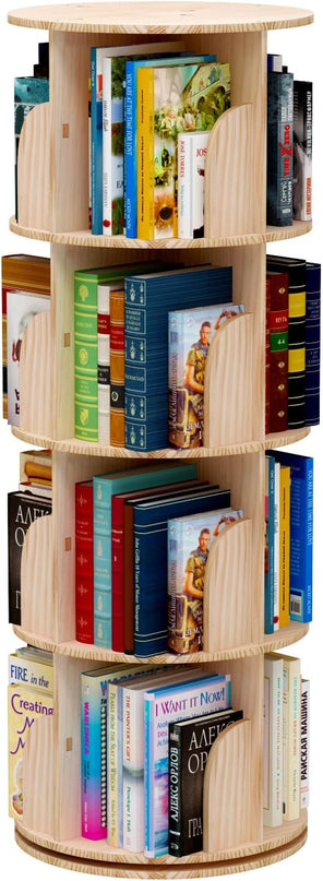 Rotating Bookshelf 360 Degrees, 4 Tier Stackable Solid Wood Bookshelf Organizer, Storage Display Rack Floor Standing Bookcase for Kids&Adults (51"x18"x18")… - LeafyLoom