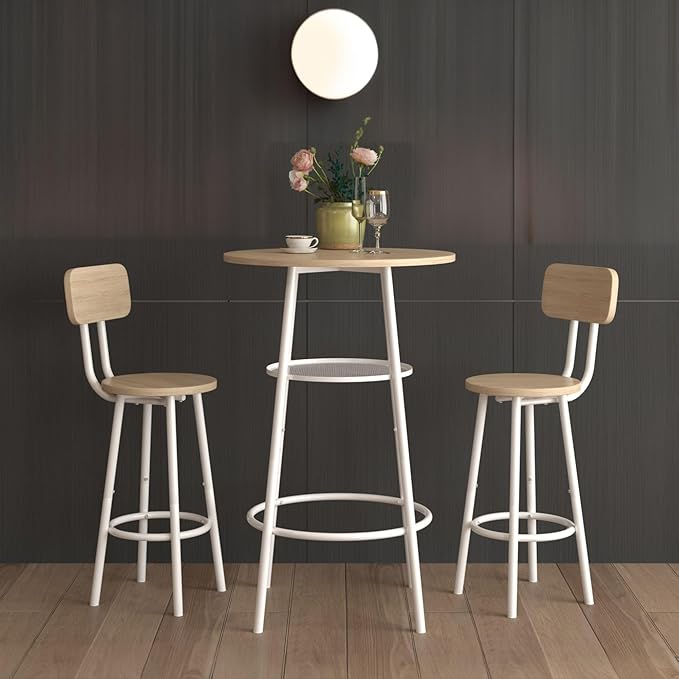 NicBex Small Dining Table for 2 Kitchen Table and Chairs Round Dining Table Set Bar Table, Equipped with 2 Bar Stools, with Backrest and Partition for Kitchen Breakfast, Party Room, White Oak - LeafyLoom