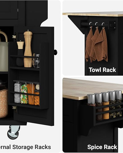 Kitchen Island with Drop Leaf and Storage 53in Rolling Kitchen Island On Wheels Black Large Mobile Kitchen Island Cart with Drawers Cabinet Spice Rack Towel Rack Storage for Kitchen - LeafyLoom