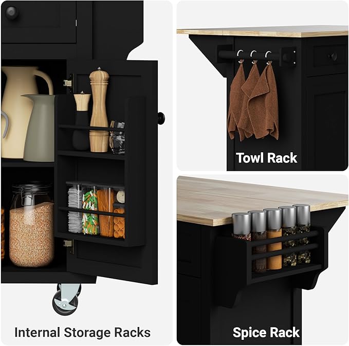Kitchen Island with Drop Leaf and Storage 53in Rolling Kitchen Island On Wheels Black Large Mobile Kitchen Island Cart with Drawers Cabinet Spice Rack Towel Rack Storage for Kitchen - LeafyLoom