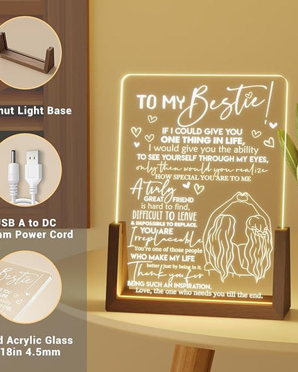 Best Friend Birthday Gifts for Women - Heartwarming Acrylic Plaque with Walnut Night Light - to My Bestie Gifts Unique - Friendship Gifts for Friends Female - LeafyLoom