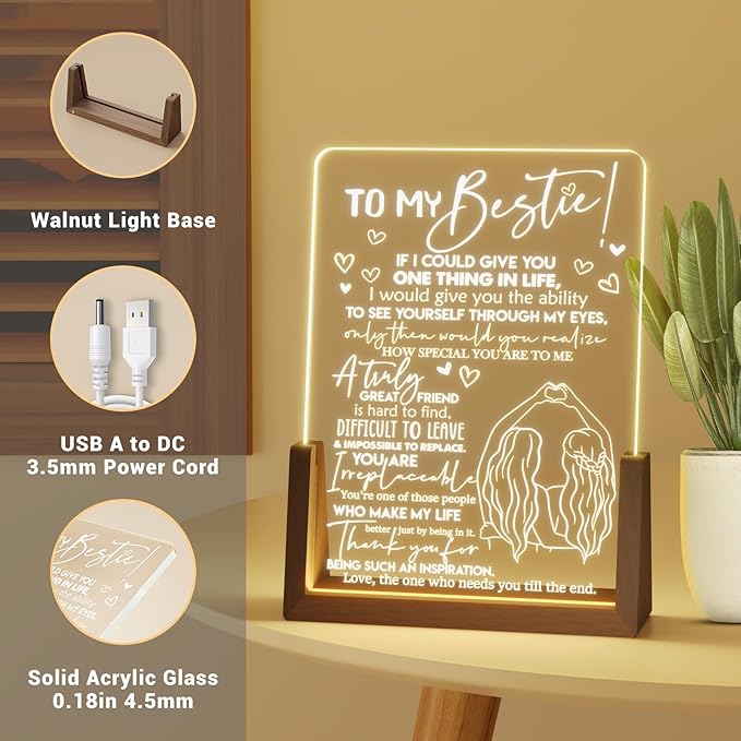 Best Friend Birthday Gifts for Women - Heartwarming Acrylic Plaque with Walnut Night Light - to My Bestie Gifts Unique - Friendship Gifts for Friends Female - LeafyLoom