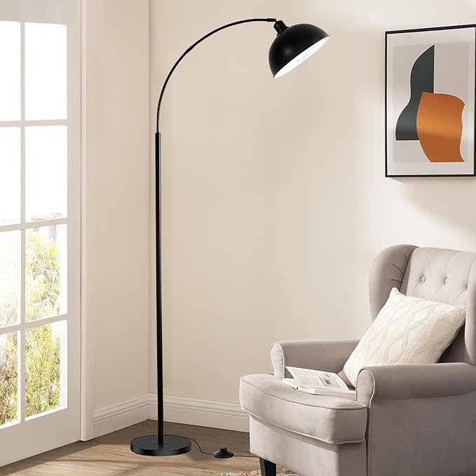 Arc Floor Lamps for Living Room,Modern Tall Standing Lamp,Black Floor Lamp with Adjustable Hanging Dome Shade,Over Couch Mid Century Arched Reading Lamp for Bedroom,Office - LeafyLoom