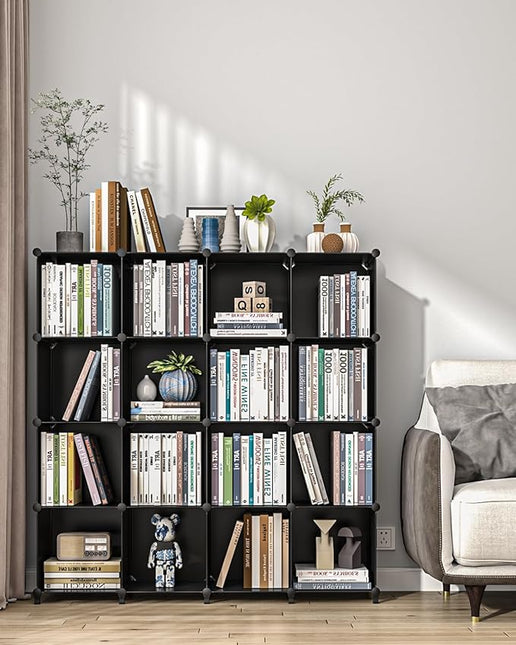 FUNLAX Cube Storage Shelf, 16 Storage Cubes Closet Organizers and Storage Portable Cube Storage Organizer Plastic Bookshelf Bookcase for Study Room, Bedroom, Office, Black - LeafyLoom