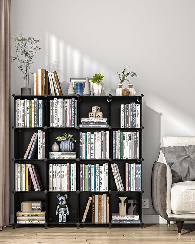 FUNLAX Cube Storage Shelf, 16 Storage Cubes Closet Organizers and Storage Portable Cube Storage Organizer Plastic Bookshelf Bookcase for Study Room, Bedroom, Office, Black - LeafyLoom