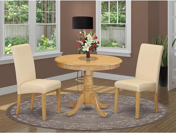 East West Furniture ANBA3-OAK-02 3 Piece Kitchen Set Contains a Round Dining Room Table with Pedestal and 2 Light Beige Linen Fabric Parson Chairs, 36x36 Inch - LeafyLoom