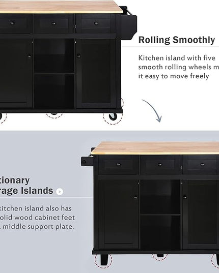 Kitchen Cart with Rubber Wood Drop-Leaf Countertop, Kitchen Island On 5 Wheels with Storage Cabinet, 3 Drawers and Internal Storage Racks, Rolling Mobile Portable Serving Carts (Black) - LeafyLoom