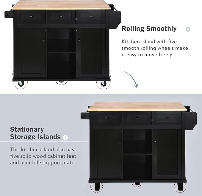 Kitchen Cart with Rubber Wood Drop-Leaf Countertop, Kitchen Island On 5 Wheels with Storage Cabinet, 3 Drawers and Internal Storage Racks, Rolling Mobile Portable Serving Carts (Black) - LeafyLoom