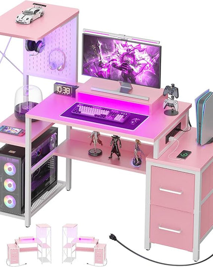 Small Gaming Desk with 2 Fabric Drawers - Reversible Computer Desk with Power Outlet & LED Lights, 49" Office Desk with Monitor Stand & Storage Shelves, Writing Study Table with Pegboard, Pink - LeafyLoom