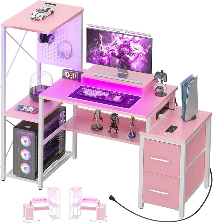Small Gaming Desk with 2 Fabric Drawers - Reversible Computer Desk with Power Outlet & LED Lights, 49" Office Desk with Monitor Stand & Storage Shelves, Writing Study Table with Pegboard, Pink - LeafyLoom