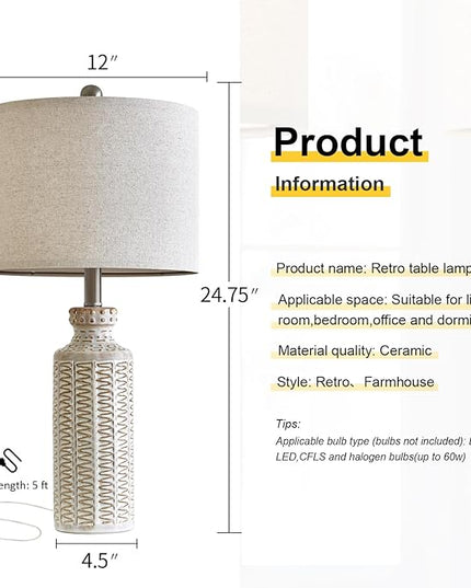 24.75'' Farmhouse Ceramic Table Lamp Set of 2 for Bedroom Living Room Vintage Traditional Rustic Modern White Nightstand Bedside Lamps - LeafyLoom