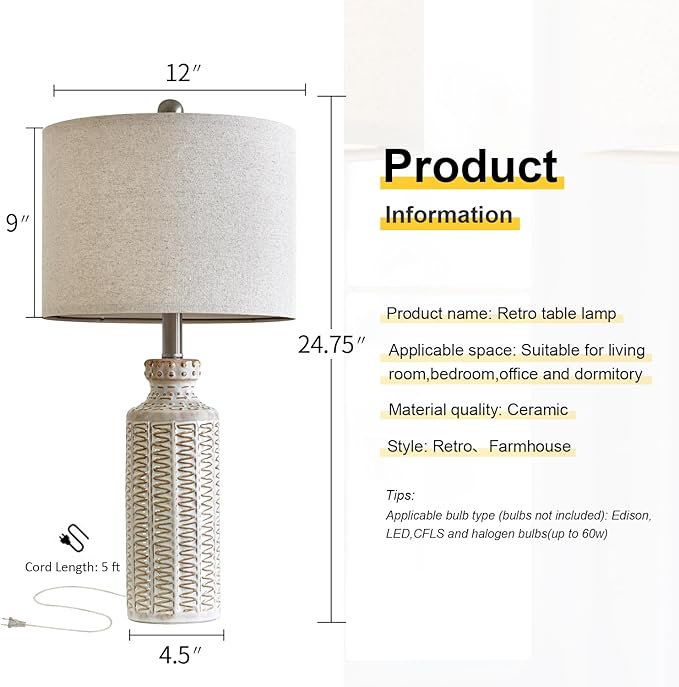 24.75'' Farmhouse Ceramic Table Lamp Set of 2 for Bedroom Living Room Vintage Traditional Rustic Modern White Nightstand Bedside Lamps - LeafyLoom