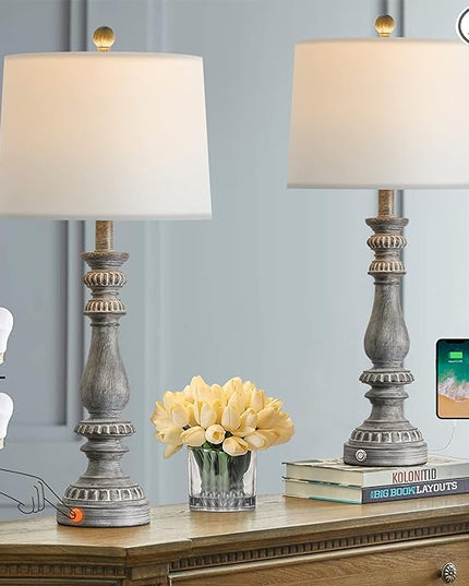 BOBOMOMO 27" Rustic 3-Way Dimmable Touch Table Lamps for Bedroom Farmhouse Lamp Set of 2 with 2 USB Charging Ports for Living Room Vintage Rustic Traditional Nightstand Lamp (2 Bulbs Included) - LeafyLoom