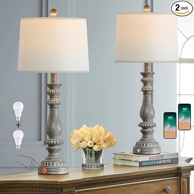 BOBOMOMO 27" Rustic 3-Way Dimmable Touch Table Lamps for Bedroom Farmhouse Lamp Set of 2 with 2 USB Charging Ports for Living Room Vintage Rustic Traditional Nightstand Lamp (2 Bulbs Included) - LeafyLoom