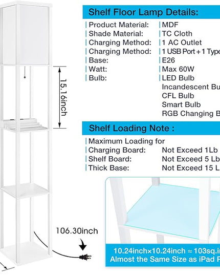 SHINE HAI LED Shelf Floor Lamp, Modern Standing Lamp with 1 USB Port and 1 Type C Port and 1 Power Outlet, 3-Tiered Display Floor Lamps with Shelves for Living Room, Bedroom, Office - White - LeafyLoom