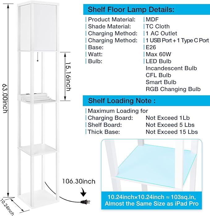 SHINE HAI LED Shelf Floor Lamp, Modern Standing Lamp with 1 USB Port and 1 Type C Port and 1 Power Outlet, 3-Tiered Display Floor Lamps with Shelves for Living Room, Bedroom, Office - White - LeafyLoom