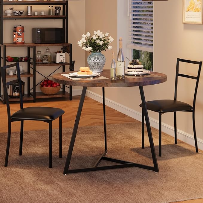 GAOMON Dining Table Set for 2, Kitchen Table and Chairs for 2 with Upholstered Chairs, 3 Piece Dining Room Table Set, Round Kitchen Table Set for Small Space, Apartment, Studio, Rustic Brown - LeafyLoom