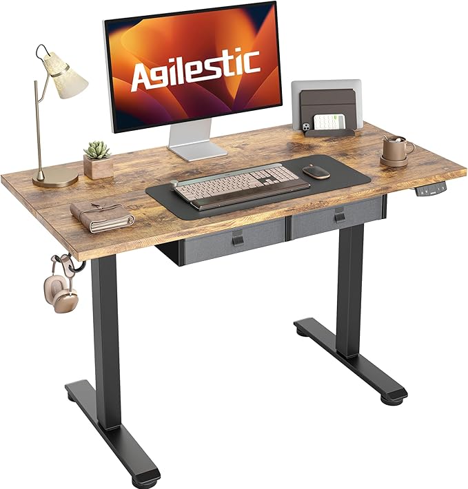 Standing Desk with 2 Drawers, Adjustable Height Electric Desk with Storage, 48 x 24 Inches Sit Stand Up Computer Table for Work Office Home, Rustic Brown - LeafyLoom
