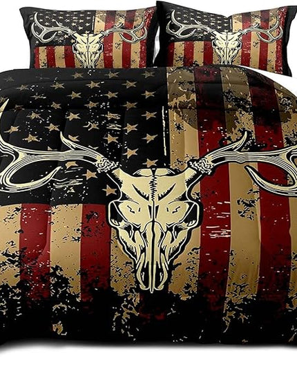 LUVIVIHOME 3PCS Deer Skull Comforter Set Full Size, Patriotic American Flag Comforter, 4th of July Independence Day Hunter Elk Moose Wildlife Cabin Country Rustic Hunting Bedding Quilt, 2 Pillow Shams - LeafyLoom